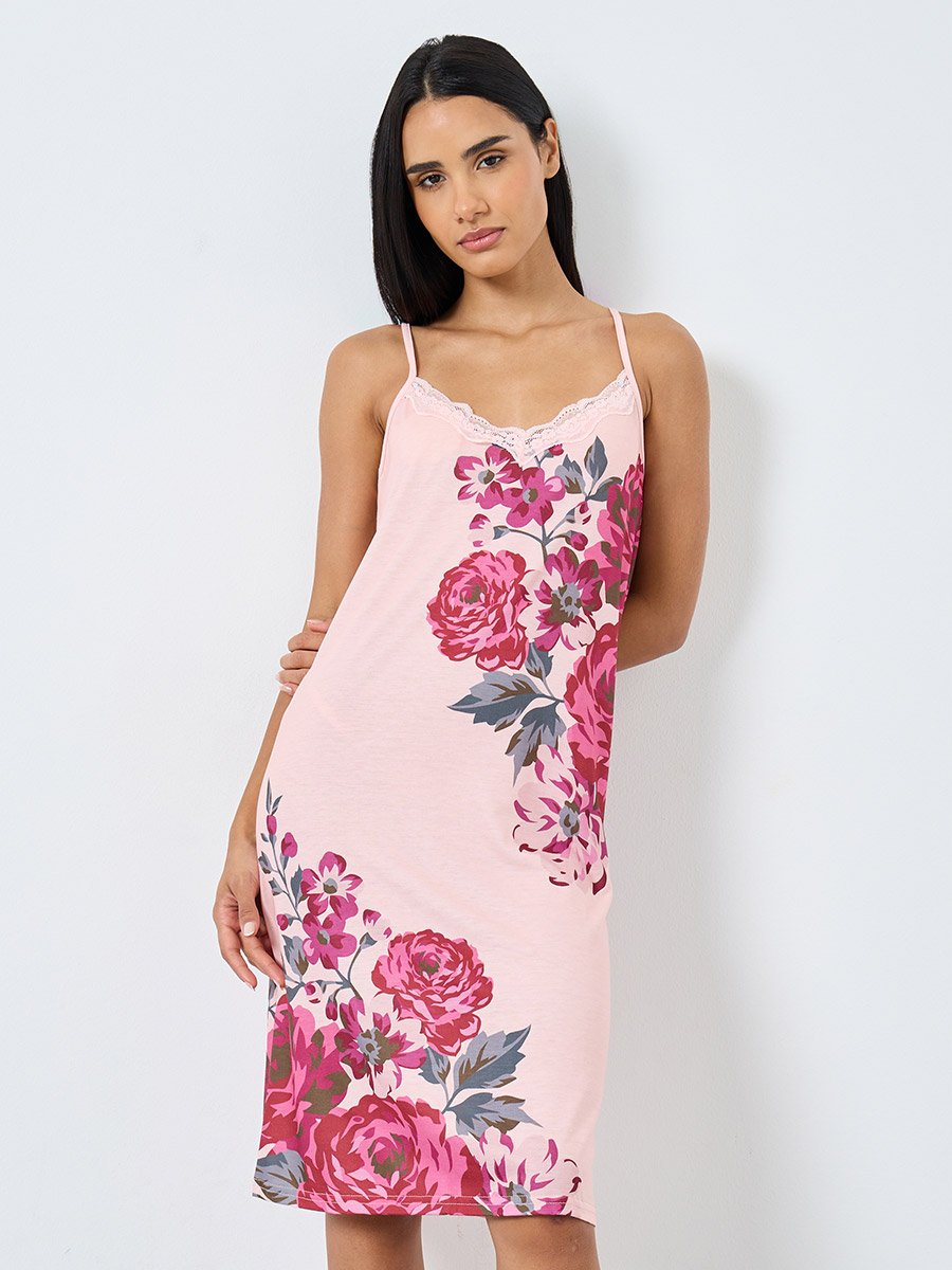 Lace Trim and Floral Leafy Print Slip Dress