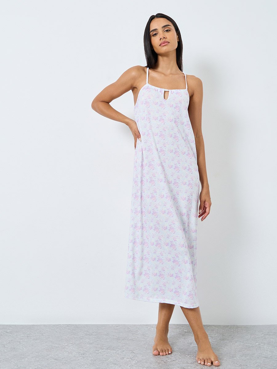 Ditsy Print Front Gathered Keyhole Slip Dress