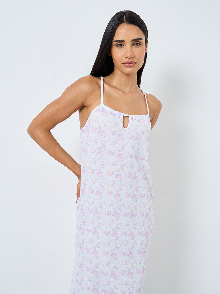 Ditsy Print Front Gathered Keyhole Slip Dress
