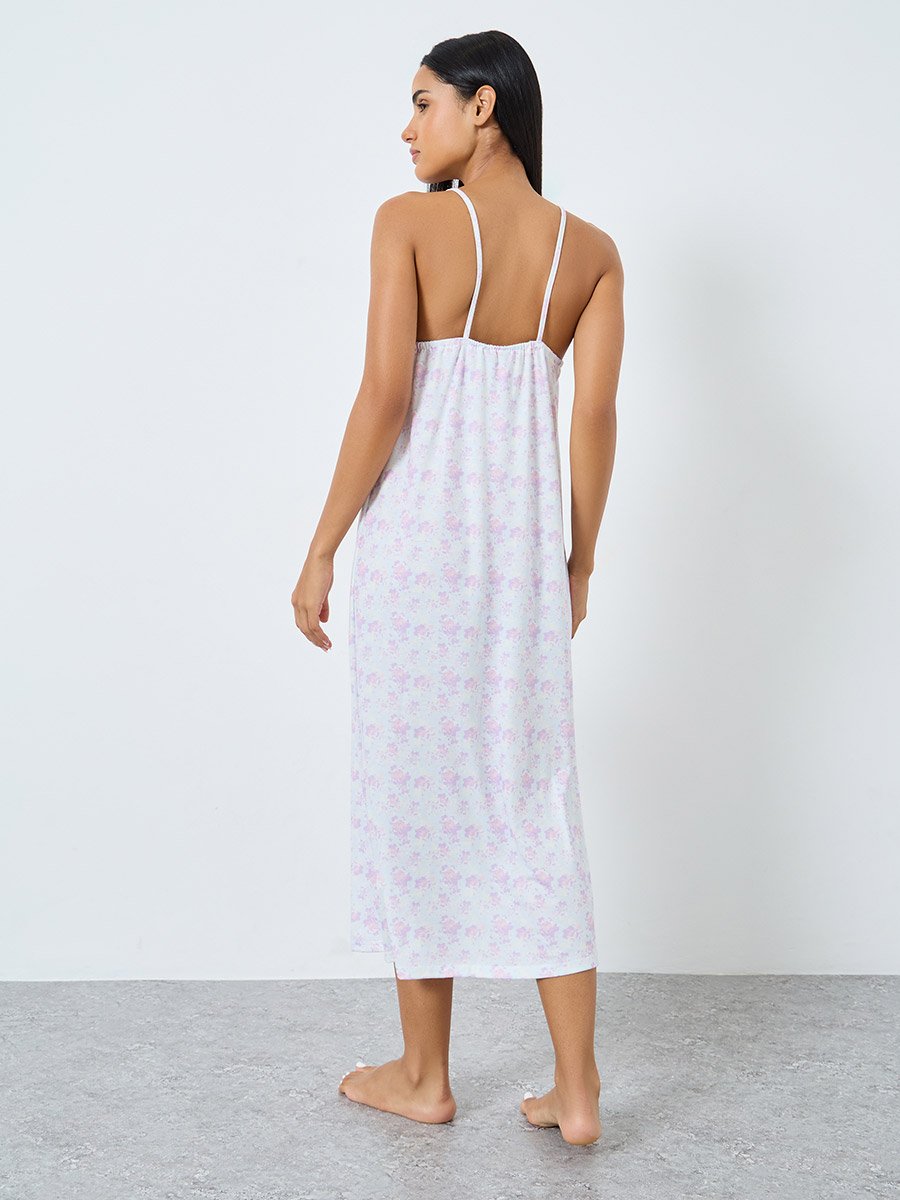 Ditsy Print Front Gathered Keyhole Slip Dress