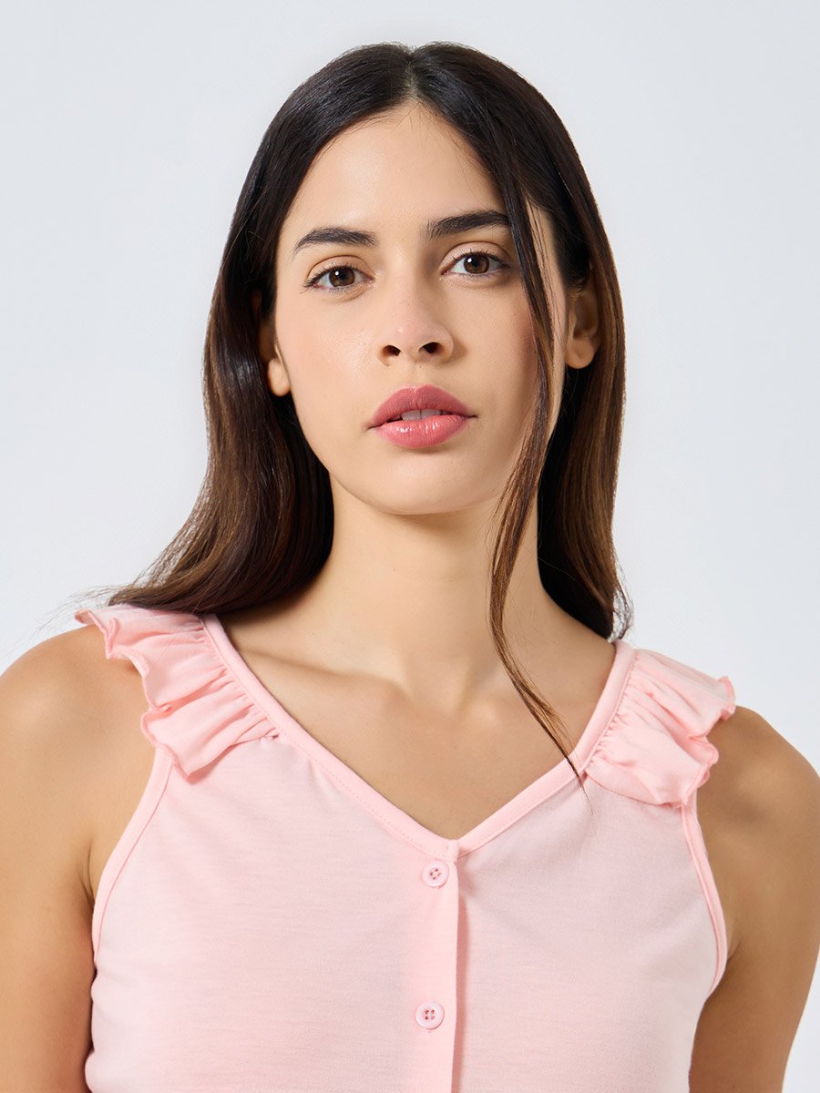 Ruffled Strappy Buttoned Top and Printed Pyjama Set