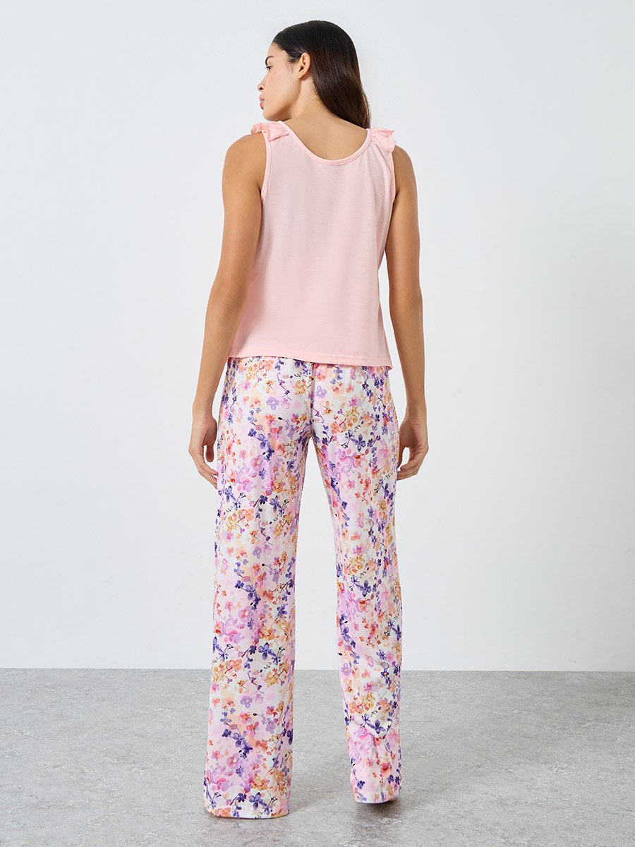 Ruffled Strappy Buttoned Top and Printed Pyjama Set
