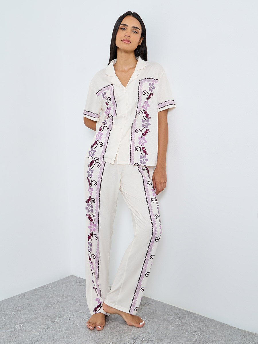Placement Floral Print Button Through Shirt and Pyjama Set