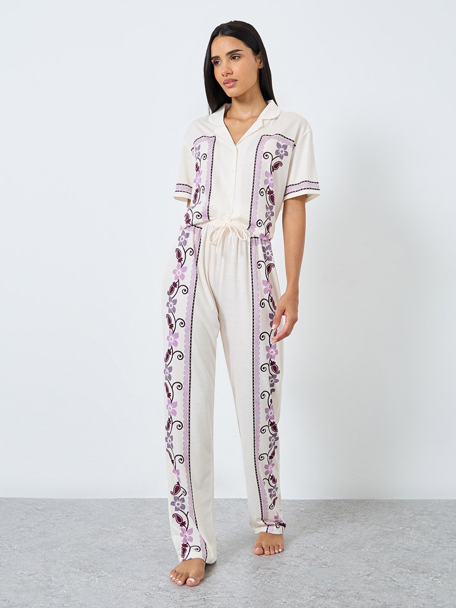 Placement Floral Print Button Through Shirt and Pyjama Set
