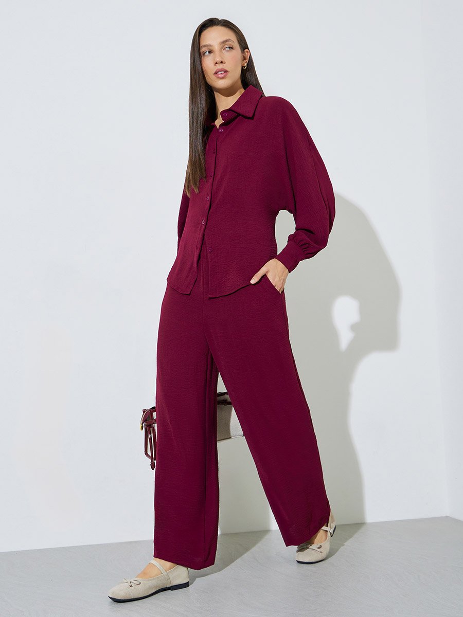 Burgundy Longline Shirt and Wide Leg Co-Ords