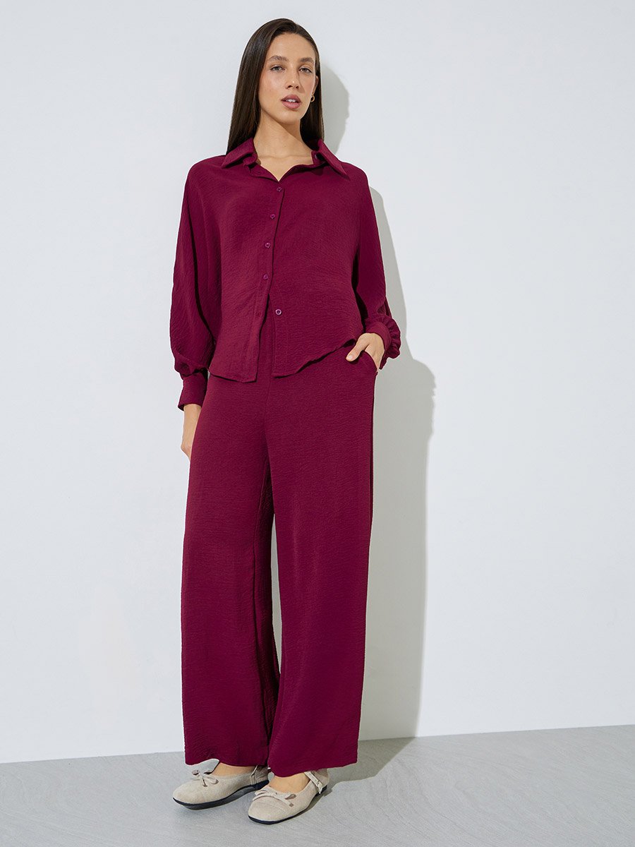 Burgundy Longline Shirt and Wide Leg Co-Ords