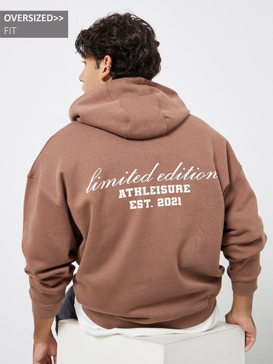 Men Brown Athleisure Oversized Fleece Hoodie