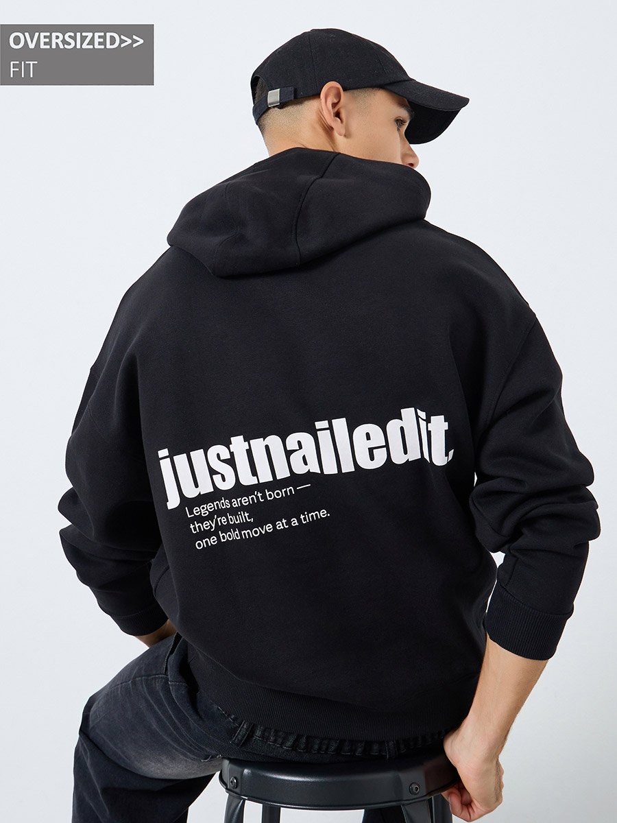Black Oversize Fit Back Slogan Print Hoodie
