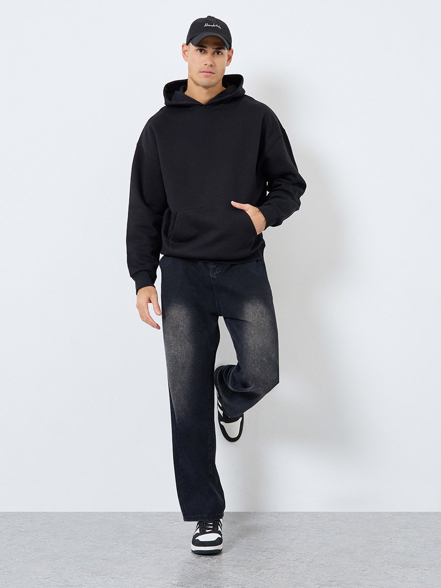 Black Oversize Fit Back Slogan Print Hoodie