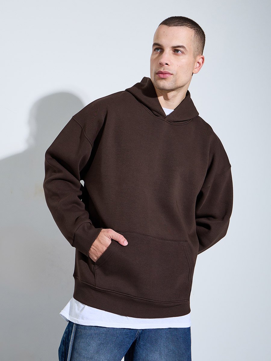 Men Oversized Brown Slogan Print Fleece Hoodie