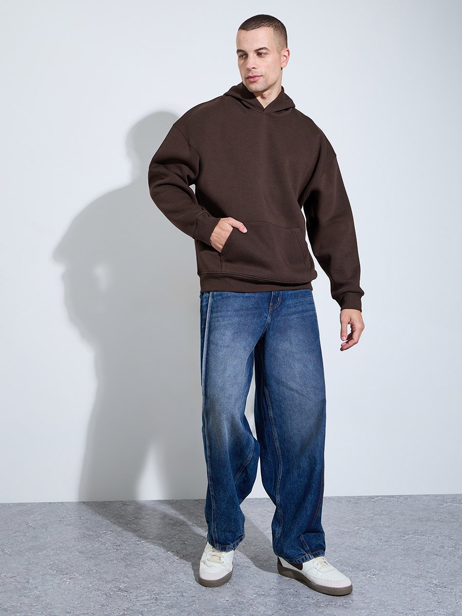 Men Oversized Brown Slogan Print Fleece Hoodie