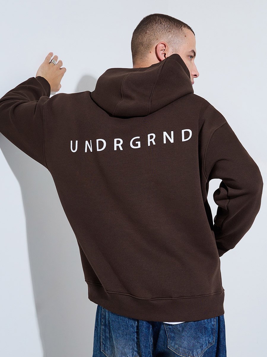 Men Oversized Brown Slogan Print Fleece Hoodie