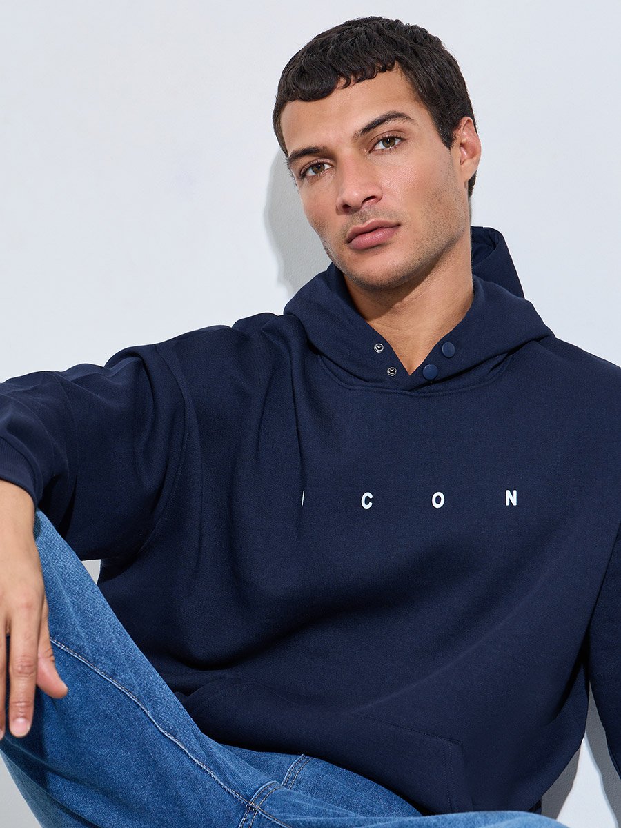 Navy Blue Oversized Text Print Fleece Hoodie