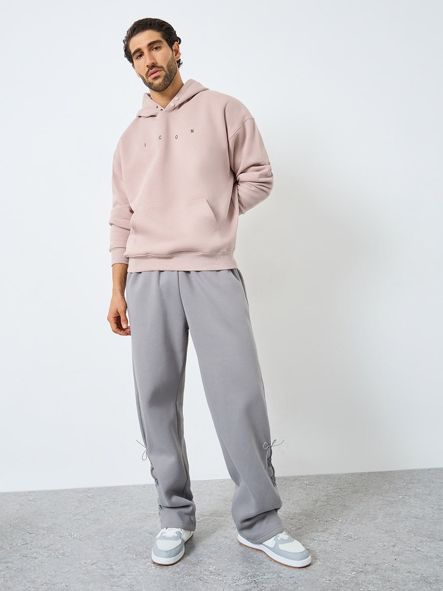 Men Pink Oversized Text Print Fleece Hoodie