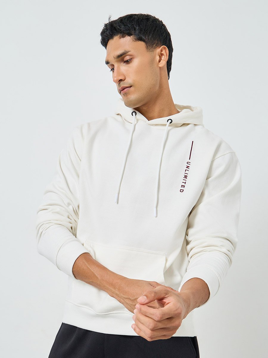 Men White Embroidered Relaxed Fit Hoodie