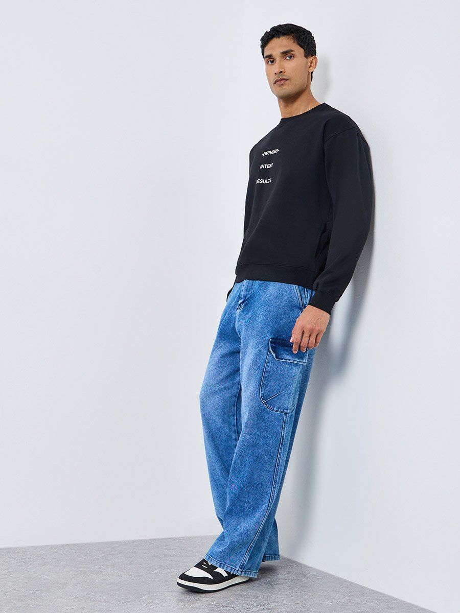 Men Black Relaxed Fit Printed Fleece Sweatshirt