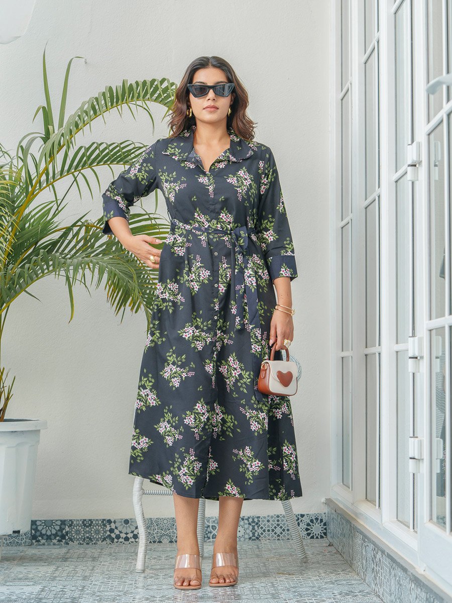 Floral Printed A-Line Shirt Collar Midi Dress