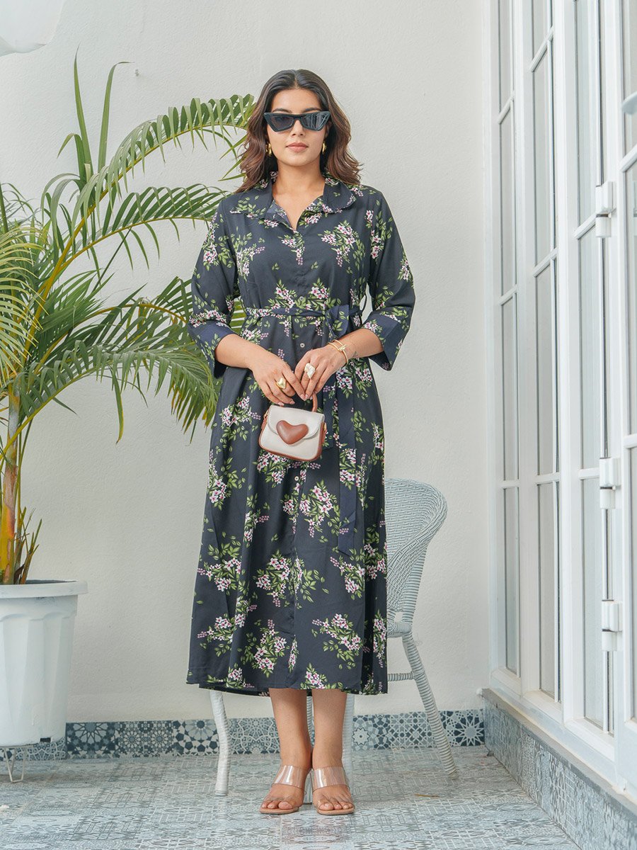 Floral Printed A-Line Shirt Collar Midi Dress