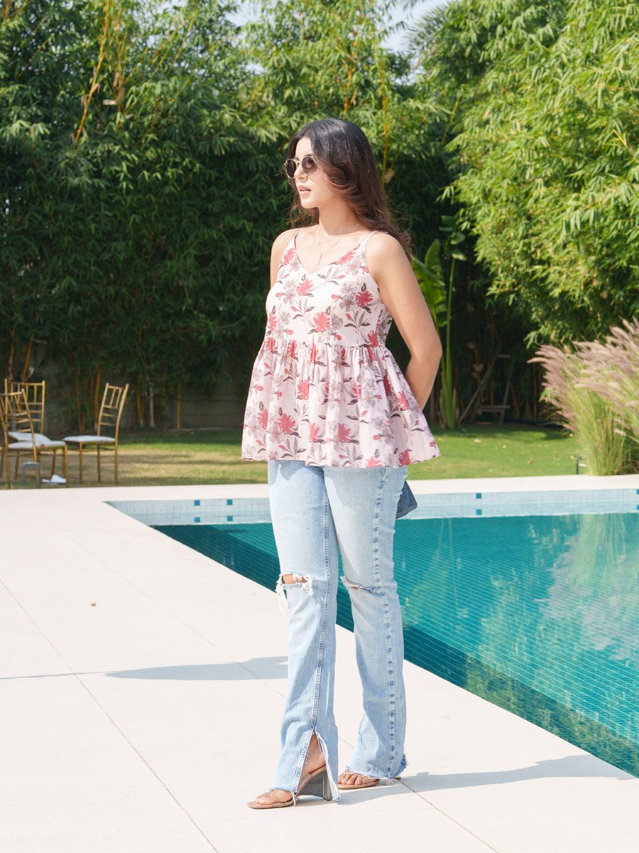 Floral Printed Pure Cotton Strappy Peplum Top