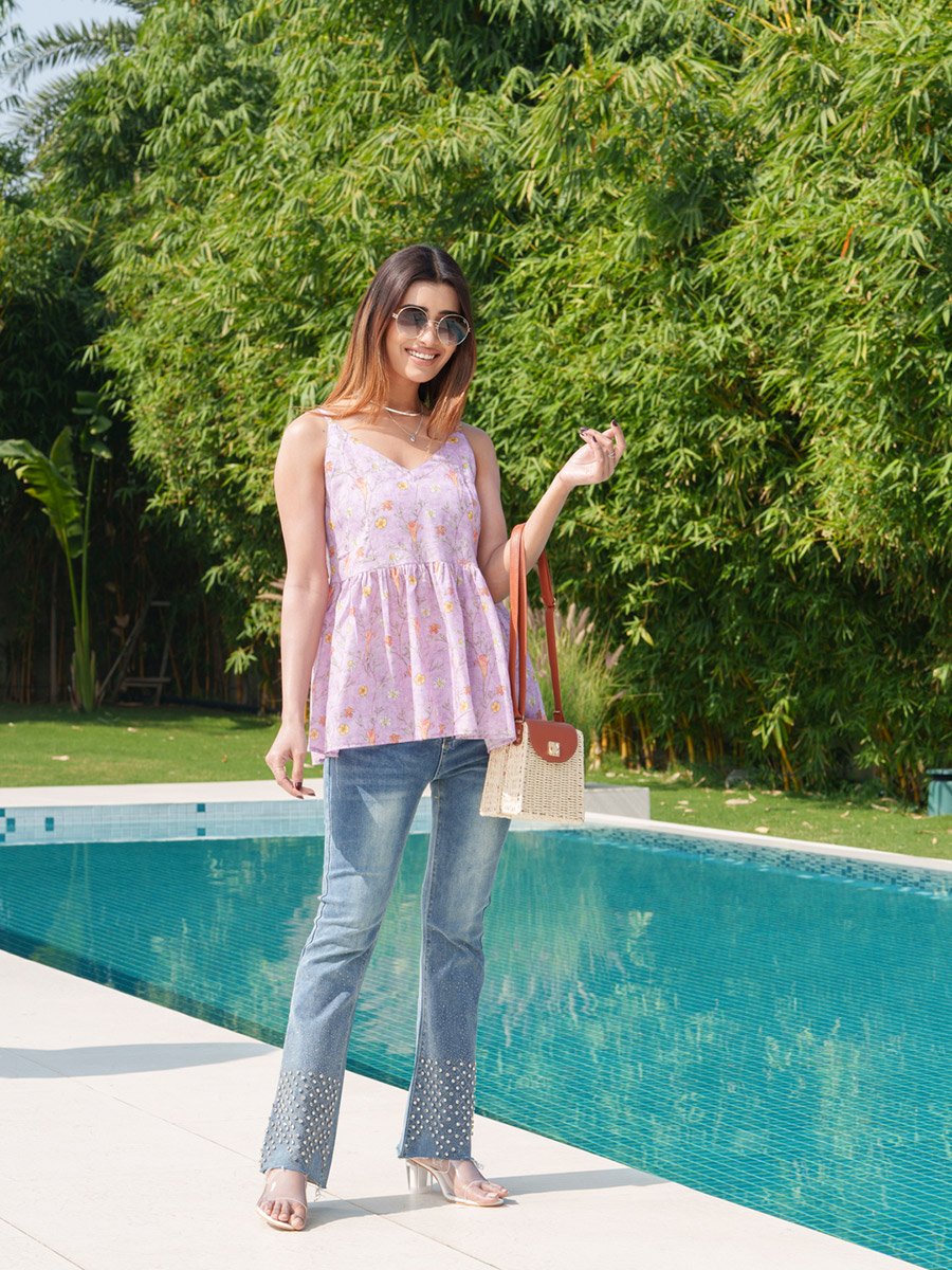 Floral Printed Pure Cotton Strappy Peplum Top