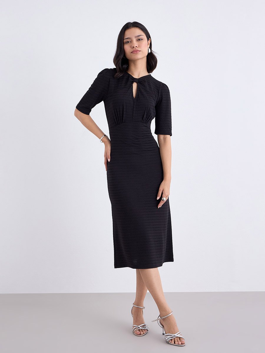 Women Black Self Design Short Sleeves Sheath Midi Dress