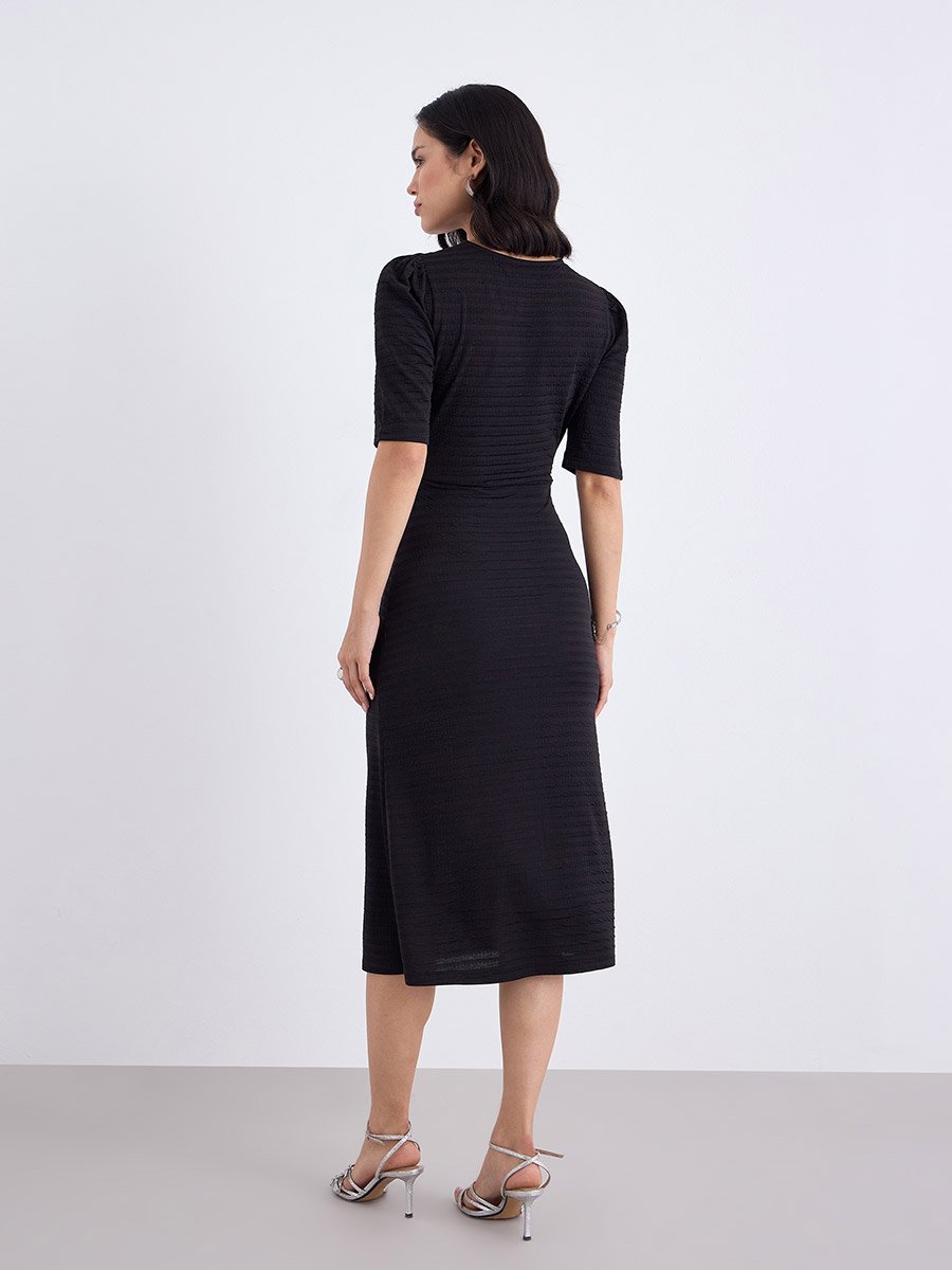 Women Black Self Design Short Sleeves Sheath Midi Dress