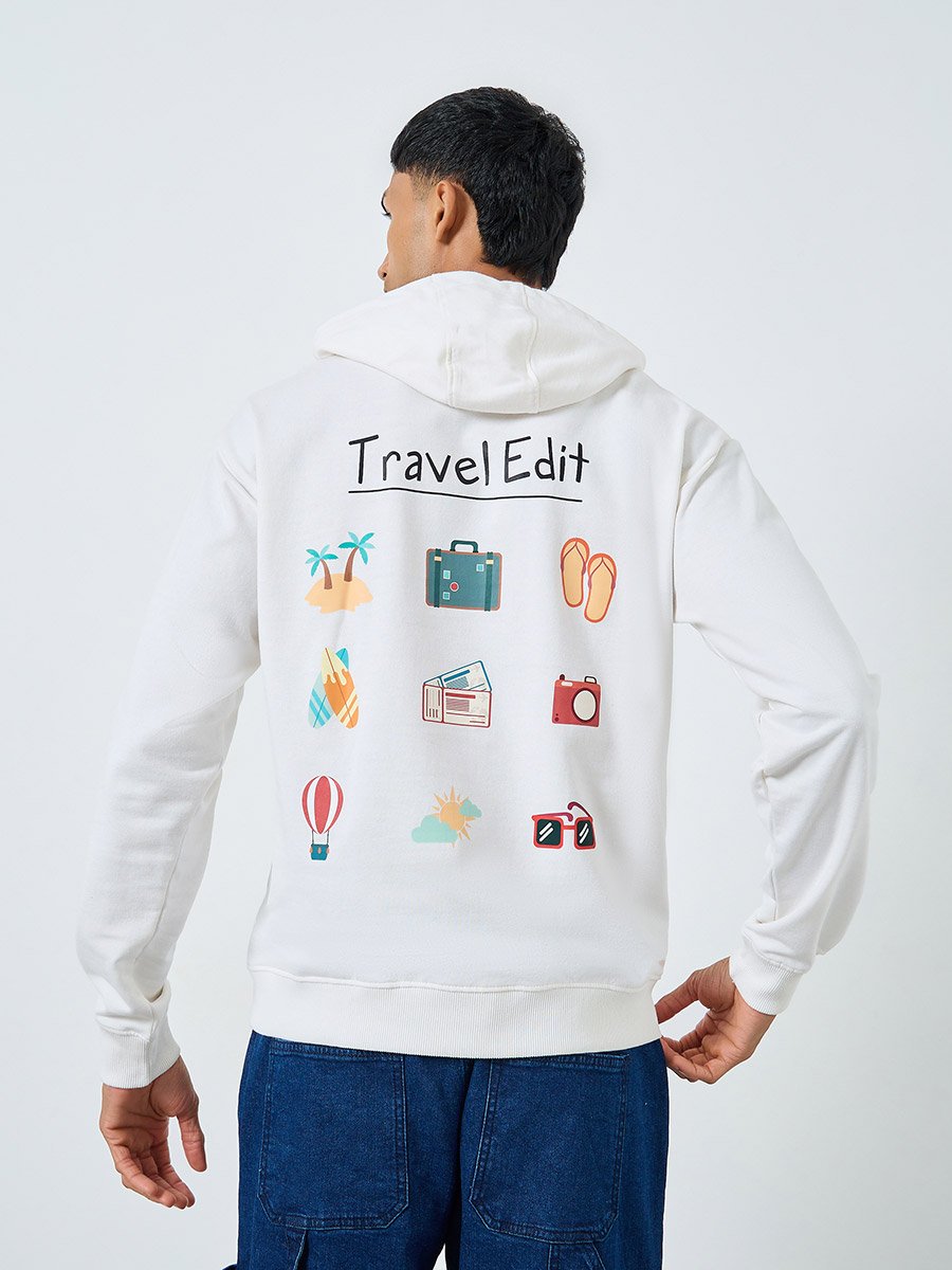 Men White Travel Graphic Relaxed Fit Hoodie
