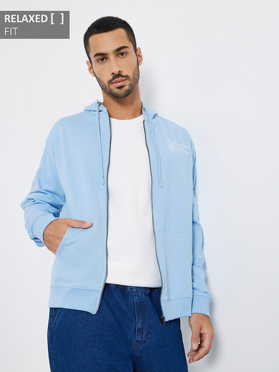 Men Light Blue Printed Zip-Up Sweatshirt