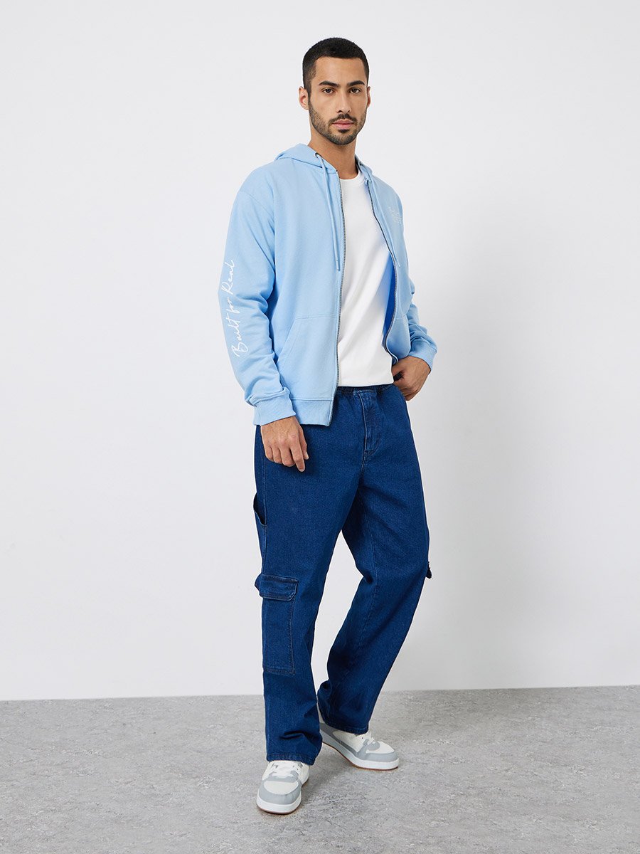 Men Light Blue Printed Zip-Up Sweatshirt