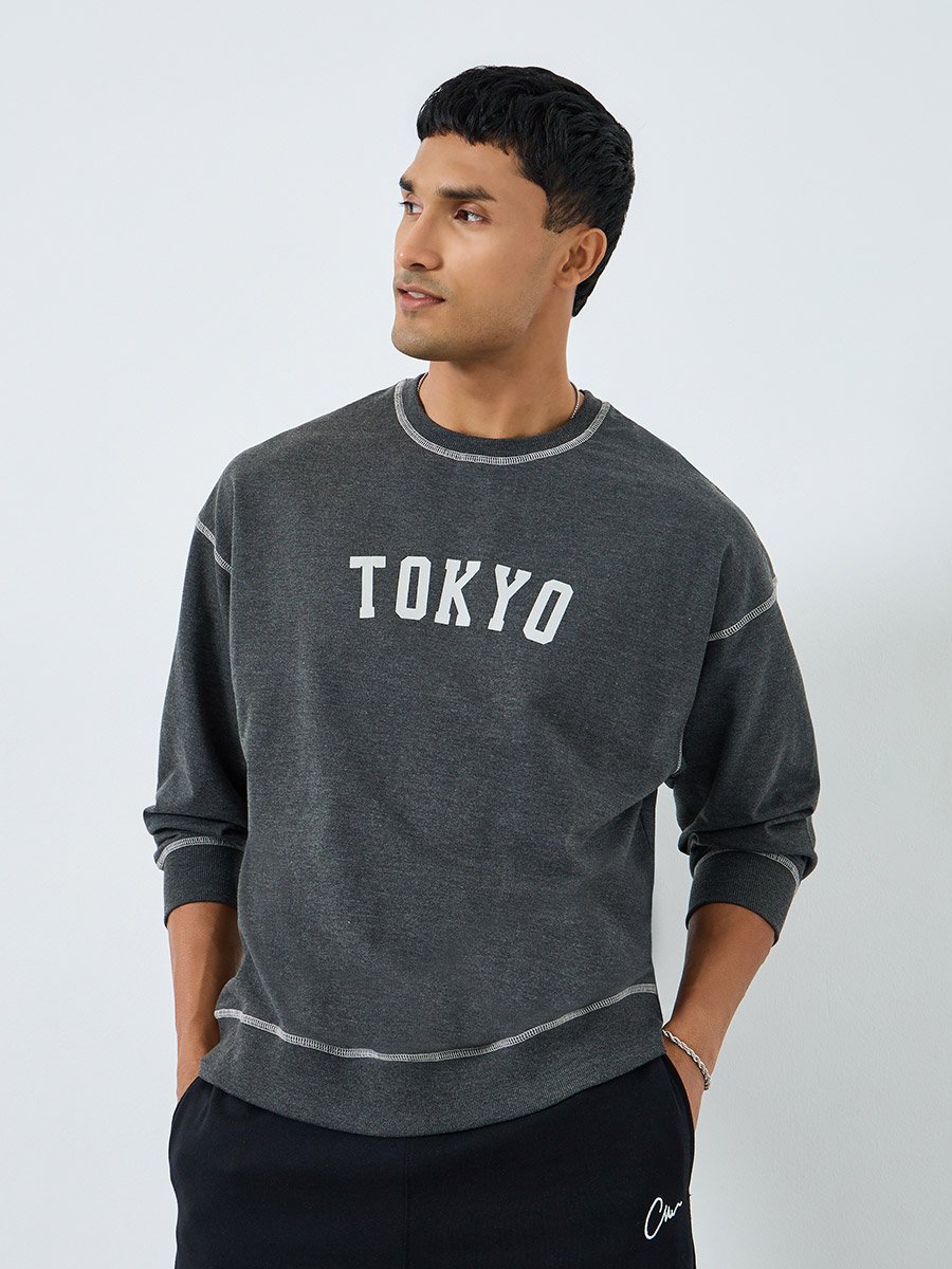 Men Charcoal Tokyo Print Sweatshirt