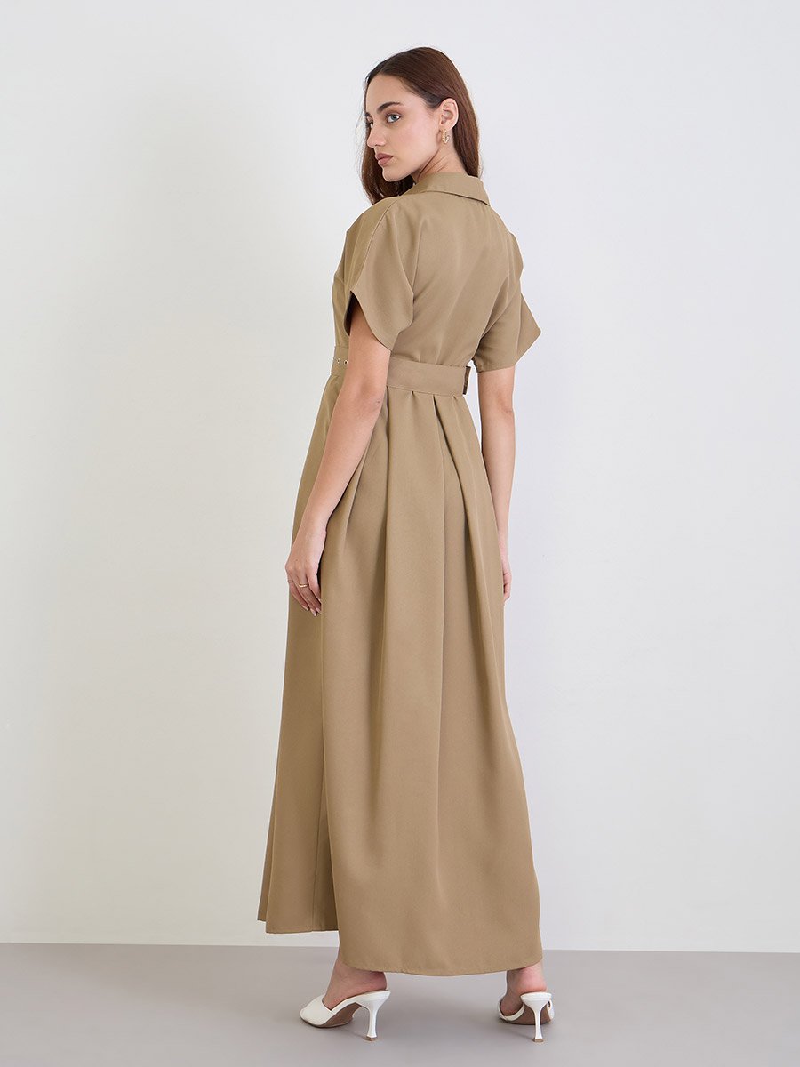 Brown Belted Maxi Dress with Fold Pleat For Women at Kuwait | Styli