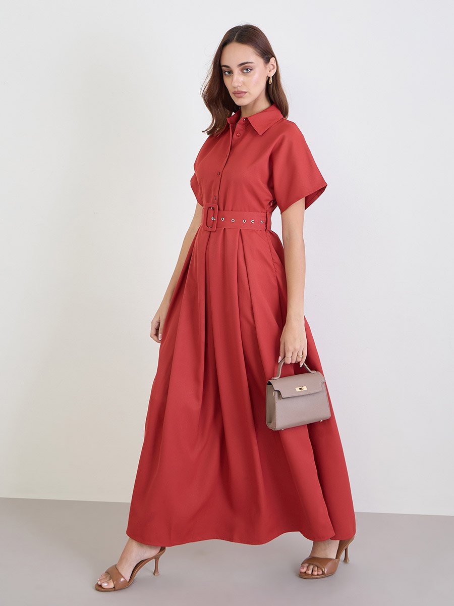 Red Belted Maxi Dress with Fold Pleat