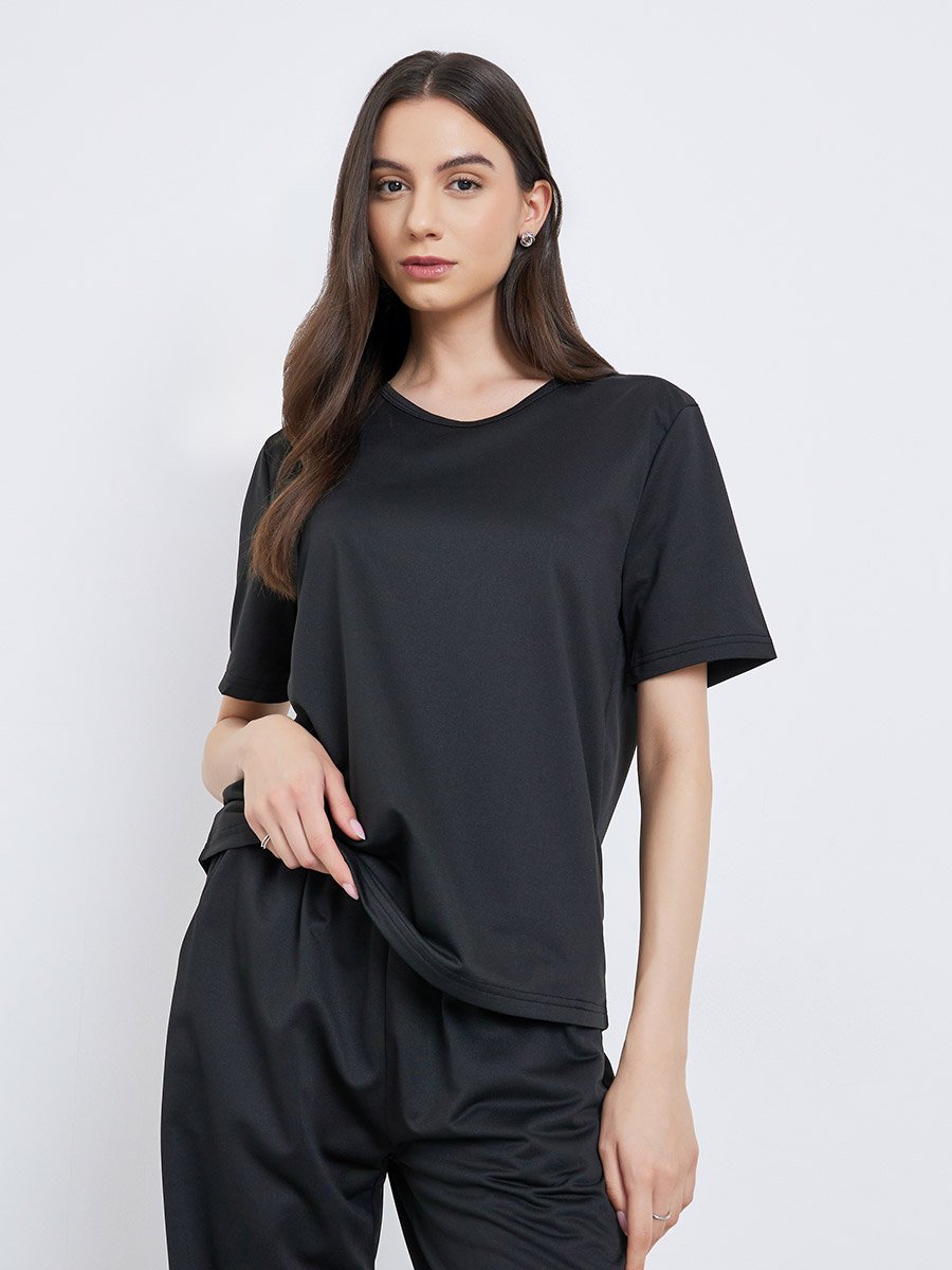 Black Solid T-Shirt and Joggers Co-Ords
