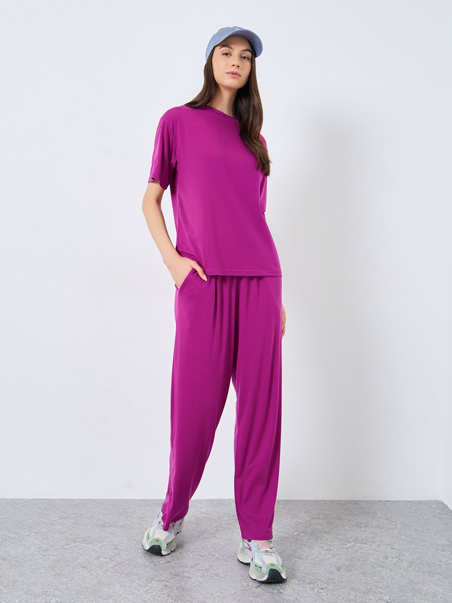 Solid Short Sleeve Top and Wide Leg Joggers Co-Ords