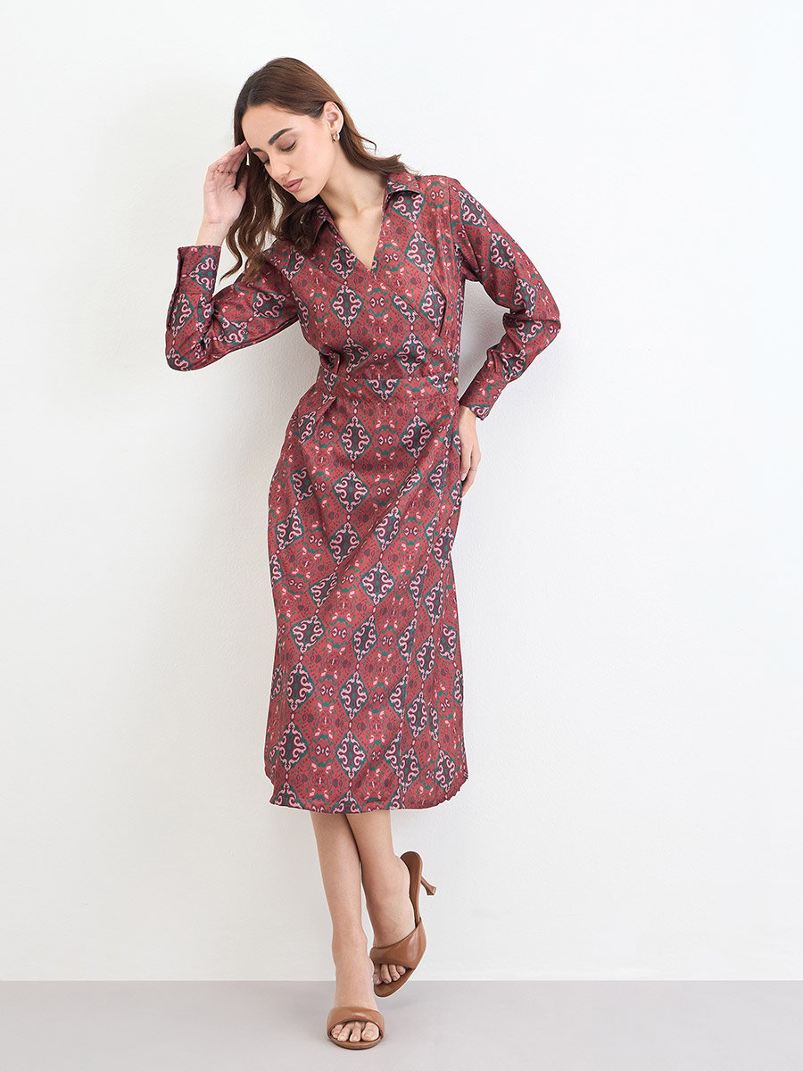 Brown Floral A-Line Midi Dress For Women at Kuwait | Styli