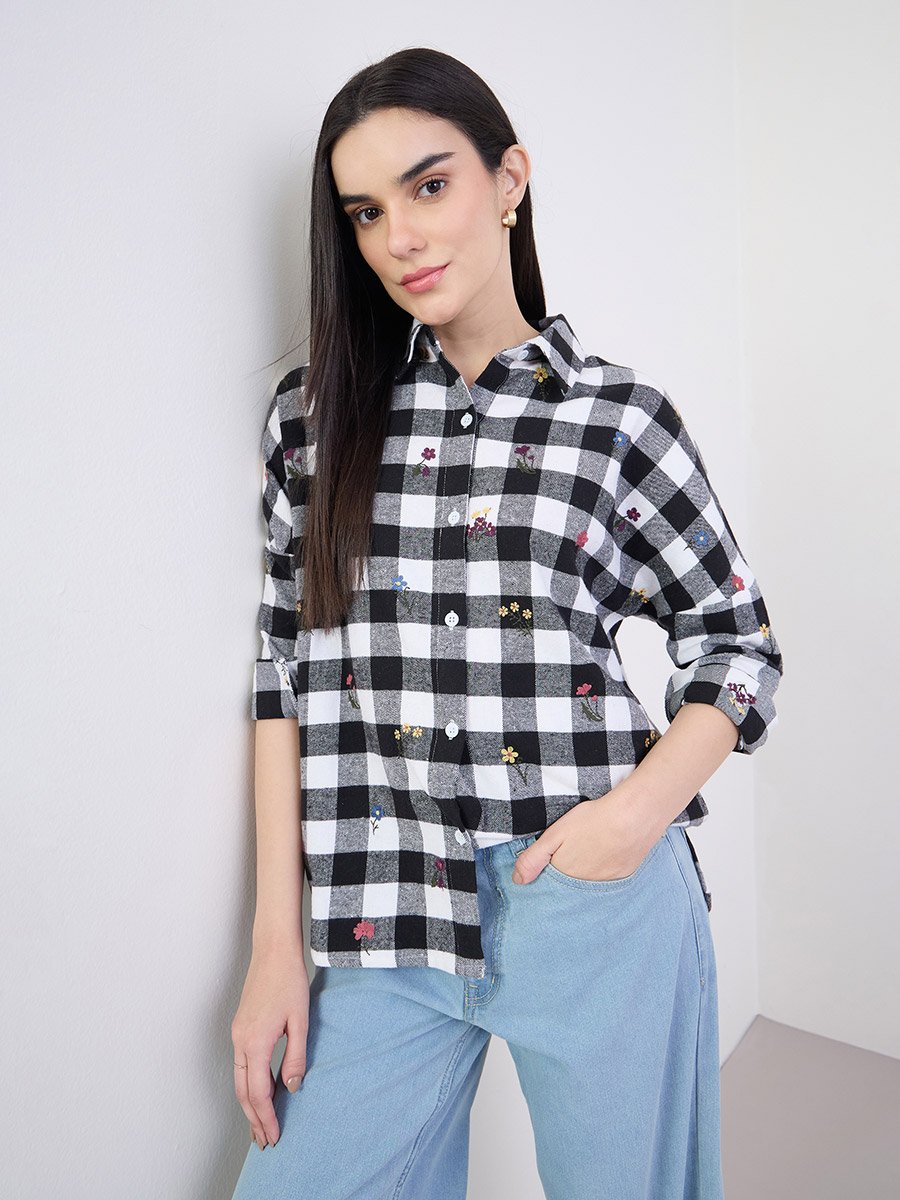 Embroidered Plaid Oversized Shirt