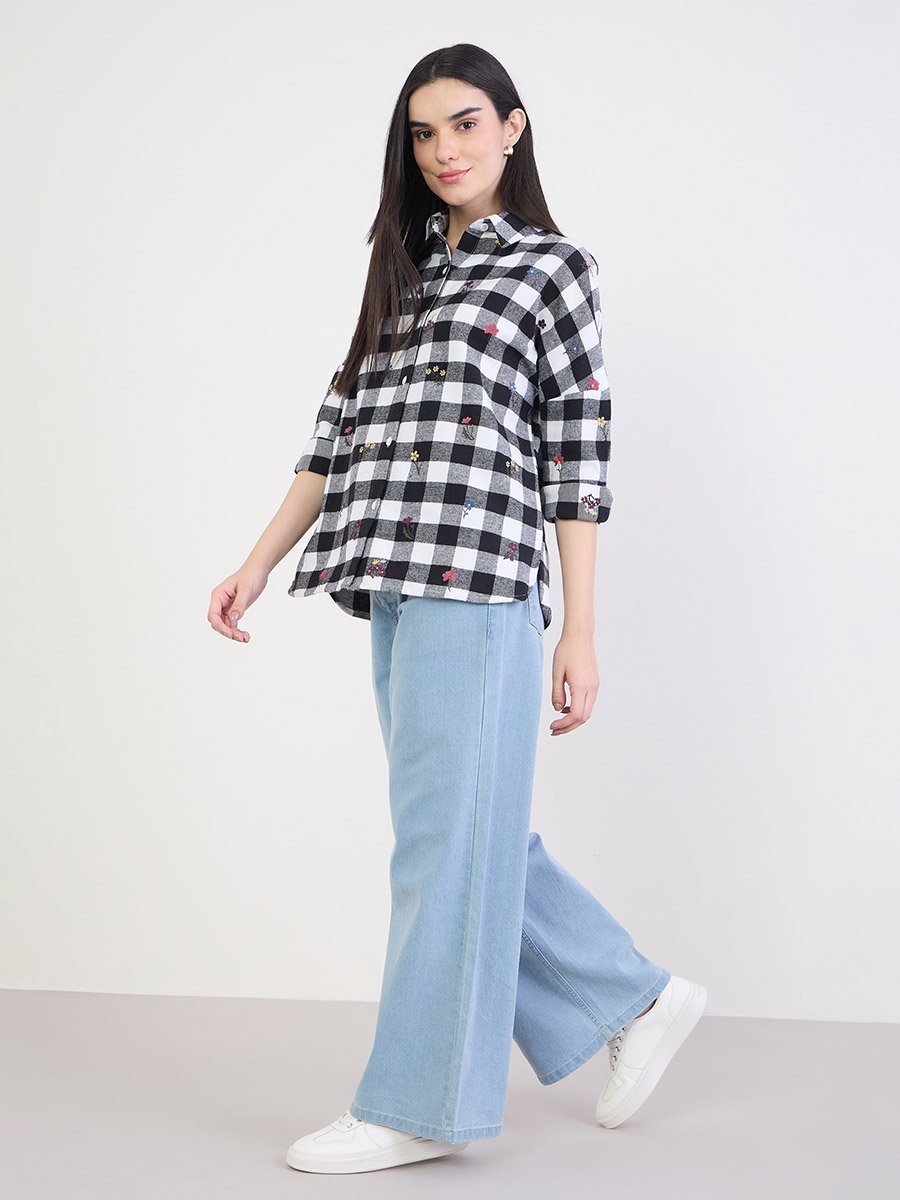 Embroidered Plaid Oversized Shirt