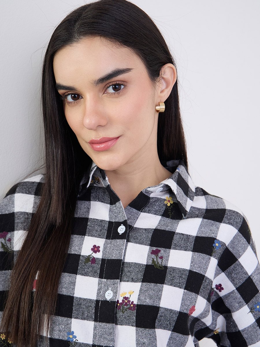 Embroidered Plaid Oversized Shirt
