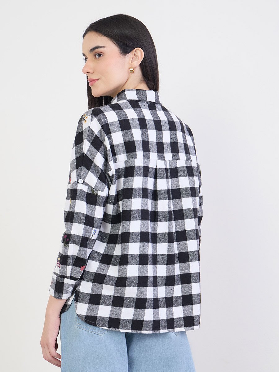 Embroidered Plaid Oversized Shirt