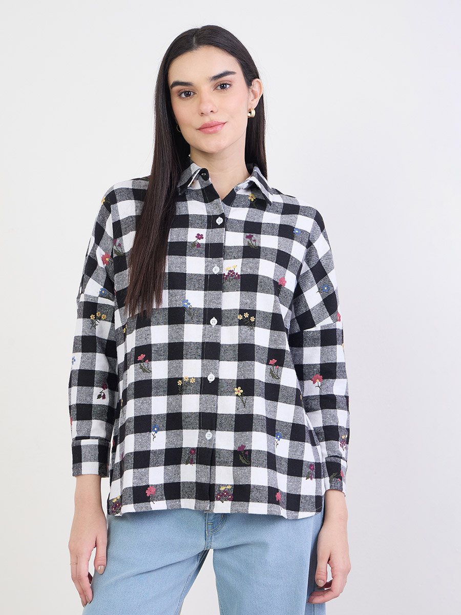 Embroidered Plaid Oversized Shirt