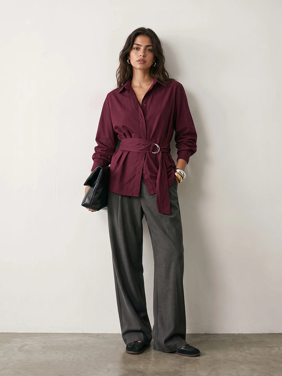Burgundy Cotton Poplin Wrap Shirt with Belt