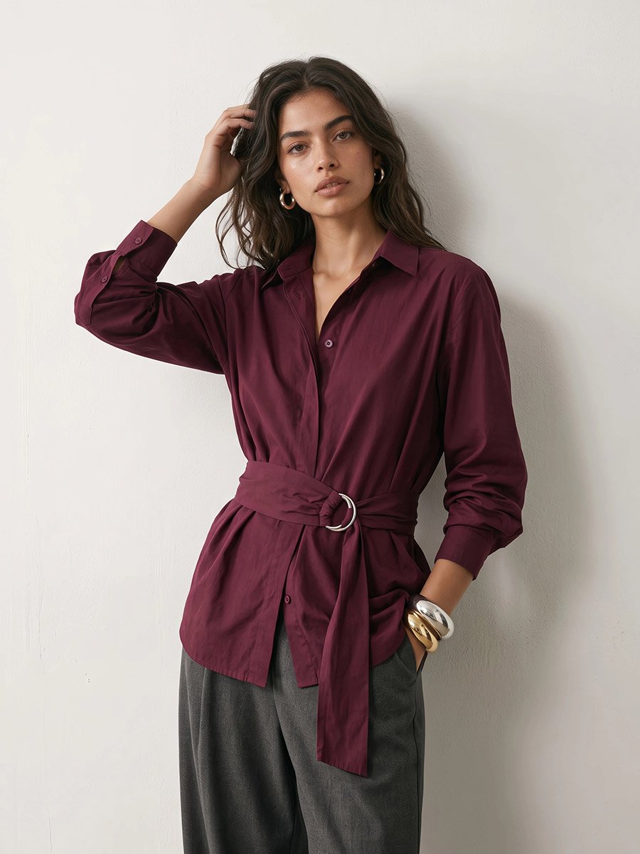 Burgundy Cotton Poplin Wrap Shirt with Belt