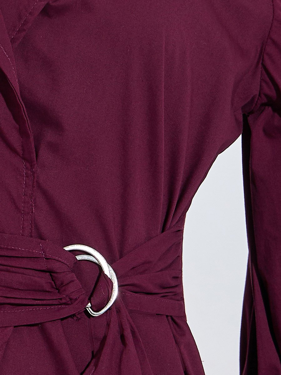 Burgundy Cotton Poplin Wrap Shirt with Belt
