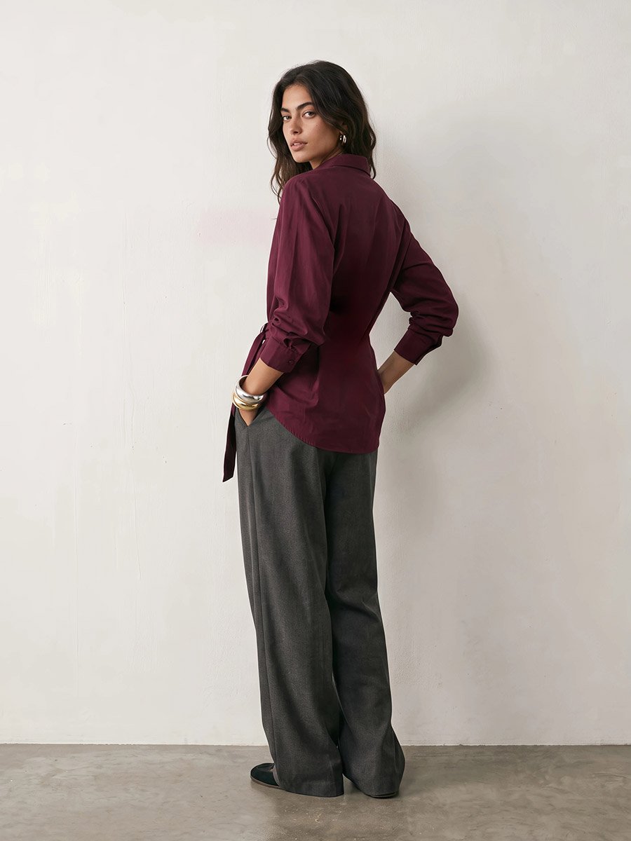 Burgundy Cotton Poplin Wrap Shirt with Belt