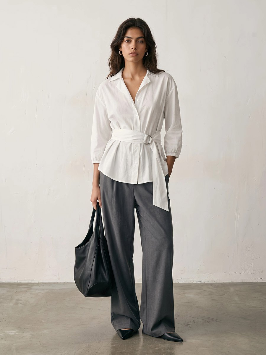 Off White Cotton Poplin Wrap Shirt with Belt
