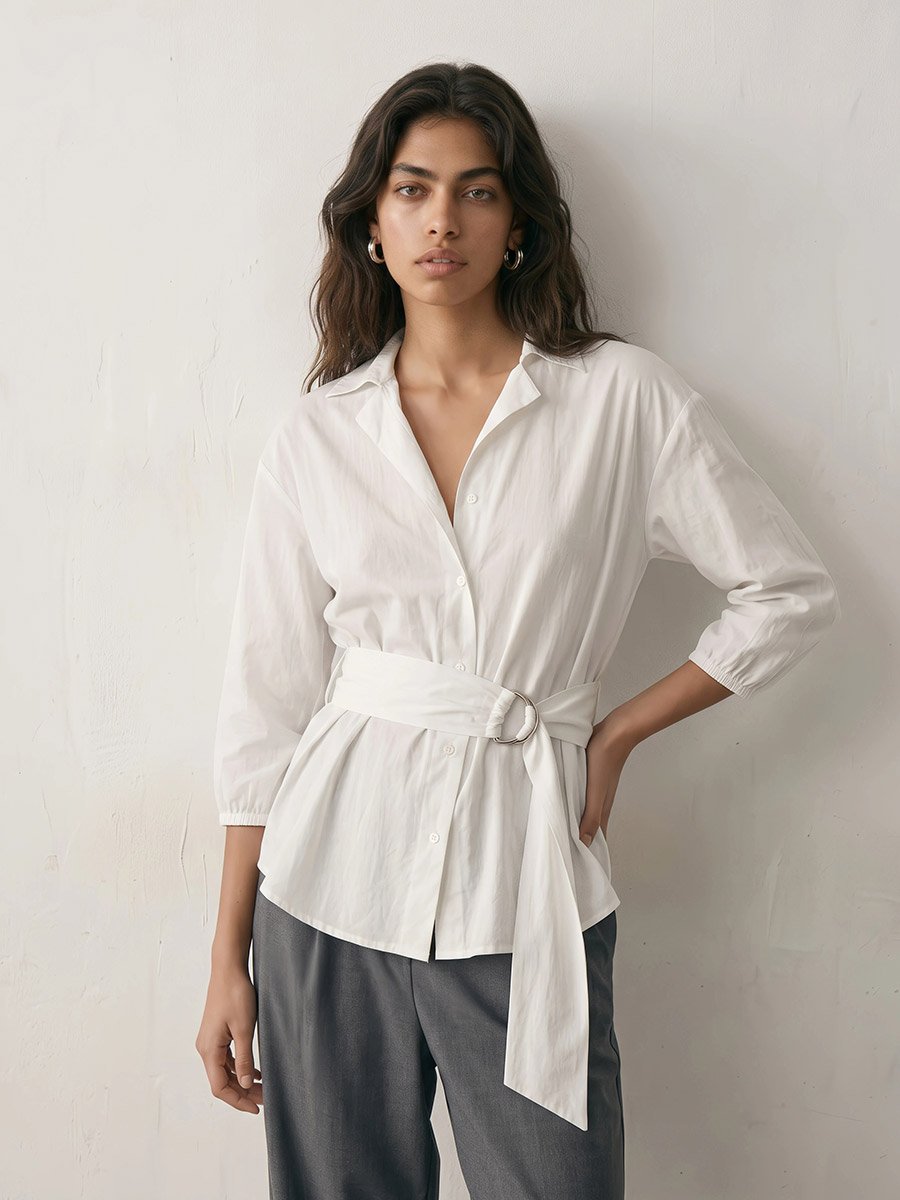 Off White Cotton Poplin Wrap Shirt with Belt