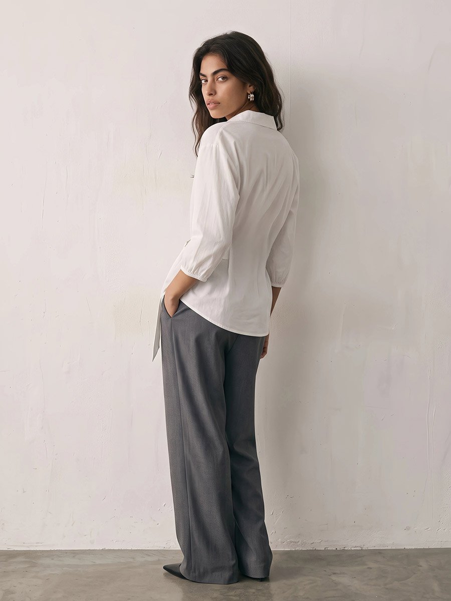 Off White Cotton Poplin Wrap Shirt with Belt