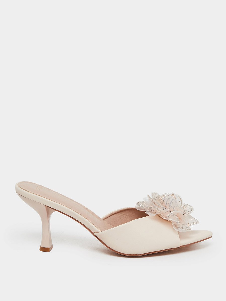 Floral Corsage Slip On Kitten Heel Sandals