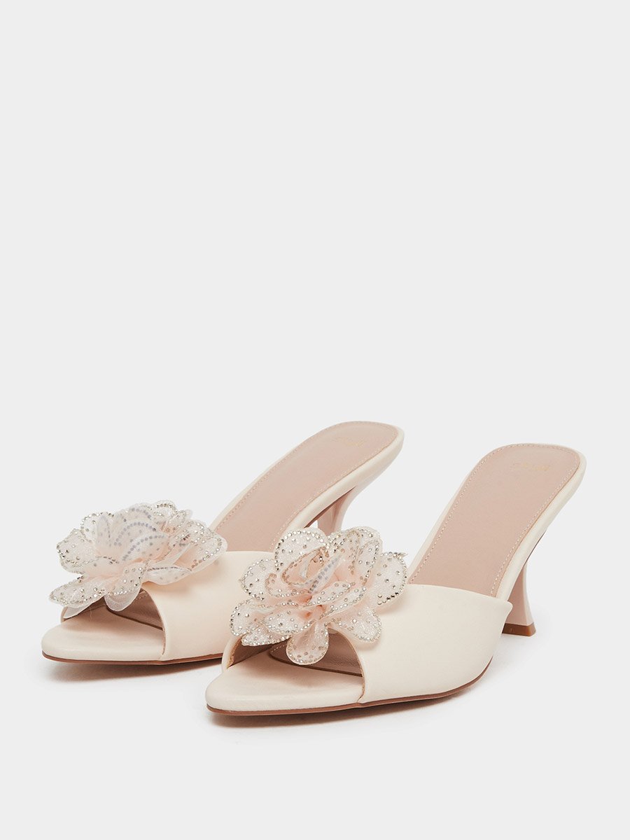 Floral Corsage Slip On Kitten Heel Sandals