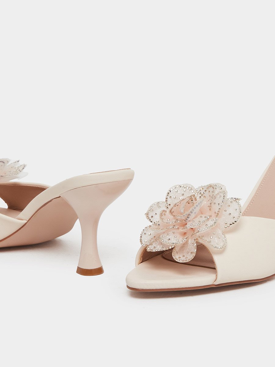 Floral Corsage Slip On Kitten Heel Sandals